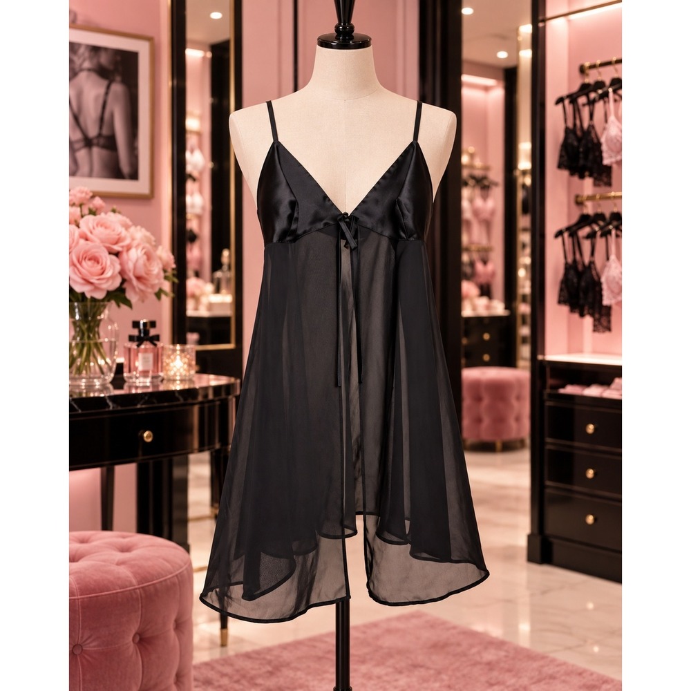 Vintage 1999 Victoria's Secret Black Satin Chiffon Babydoll Slip Dress Medium